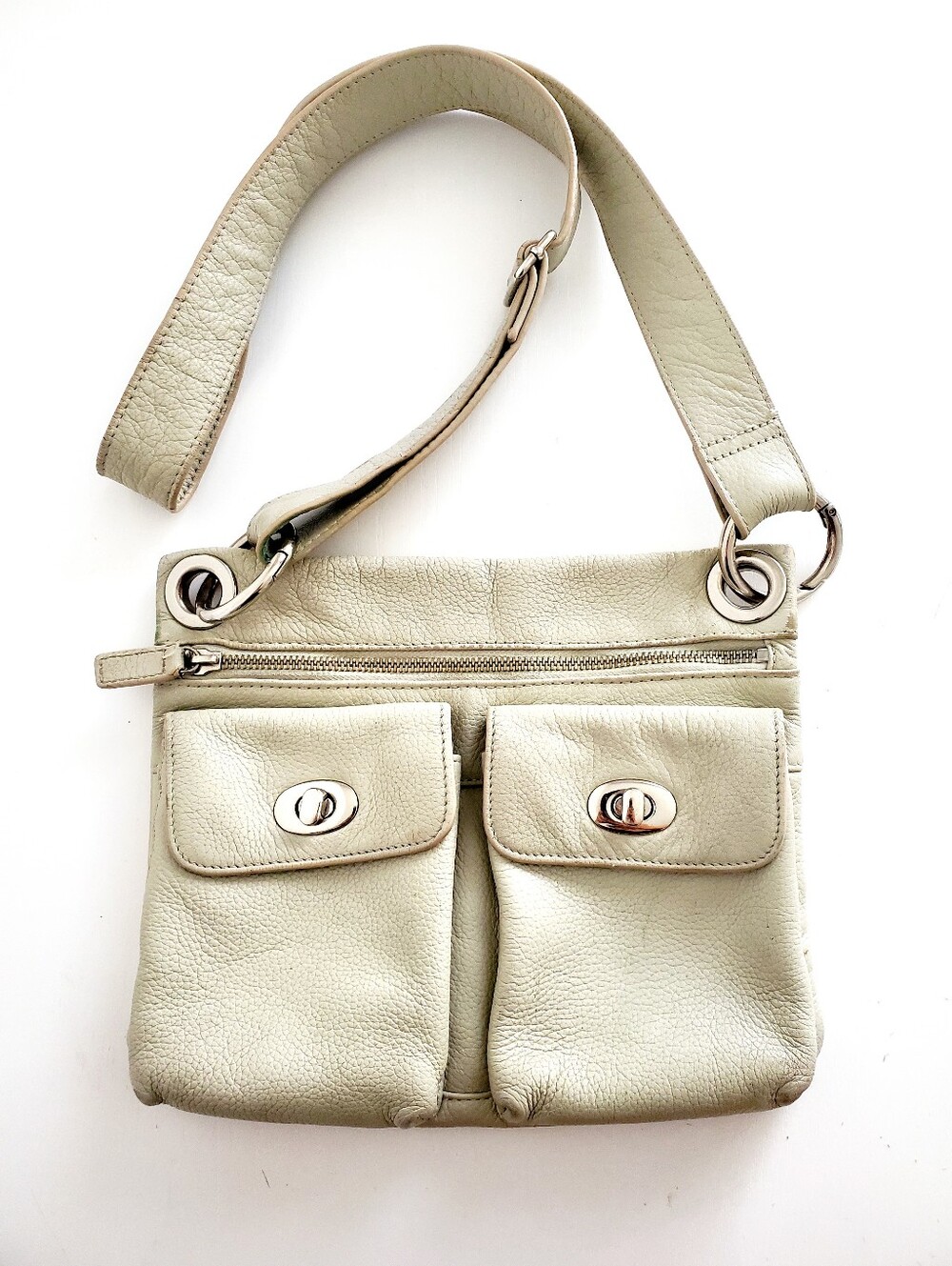 Danier Taupe Leather Crossbody with Dual Front Pockets